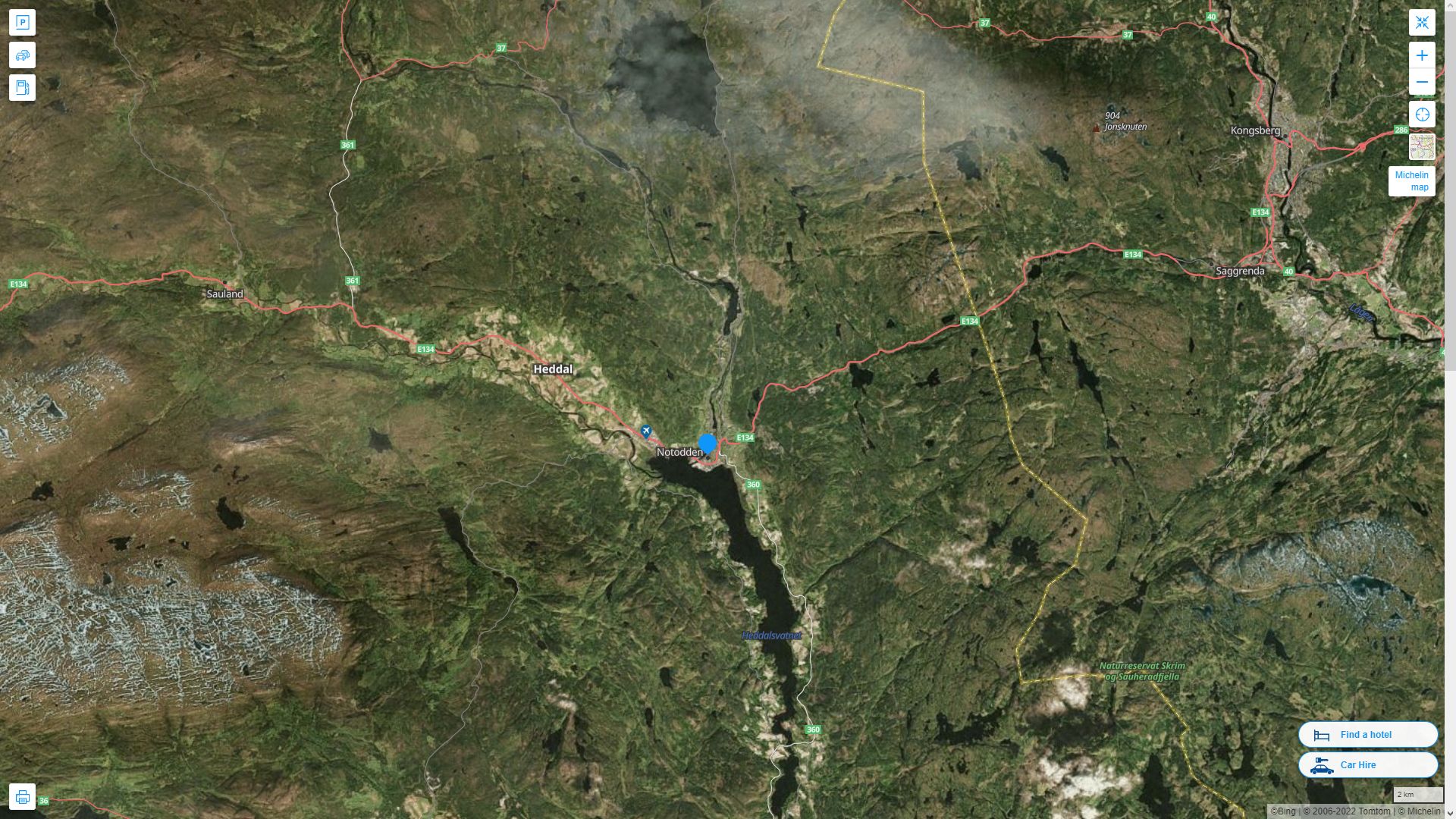 Notodden Norvege Autoroute et carte routiere avec vue satellite